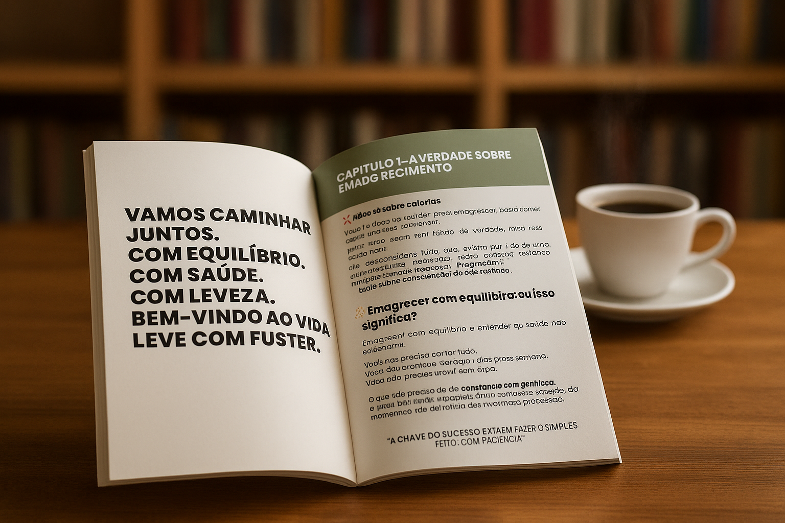 Mockup do eBook Vida Leve com Fuster aberto mostrando páginas internas